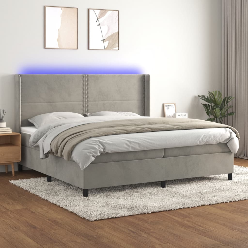 vidaXL Боксспринг легло с матрак и LED, светлосиво, 200x200 см, кадифе