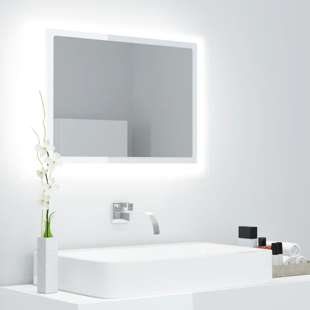 vidaXL LED огледало за баня, бял гланц, 60x8,5x37 см, акрил
