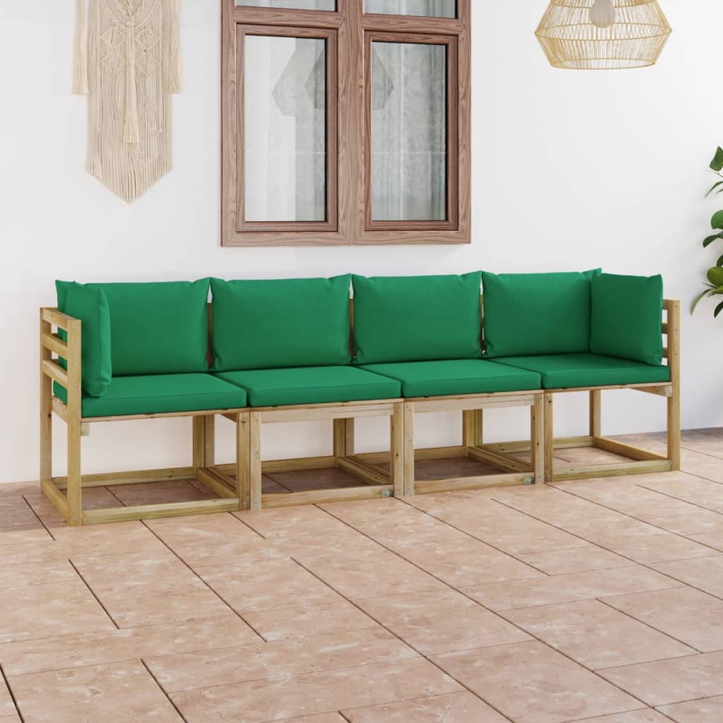 vidaXL 4-местен градински диван със зелени възглавници