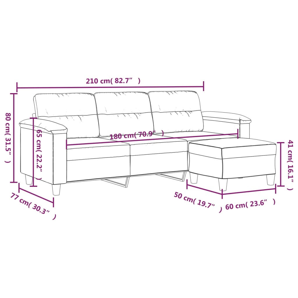 vidaXL 3-местен диван с табуретка тъмносив 180 см микрофибърен текстил