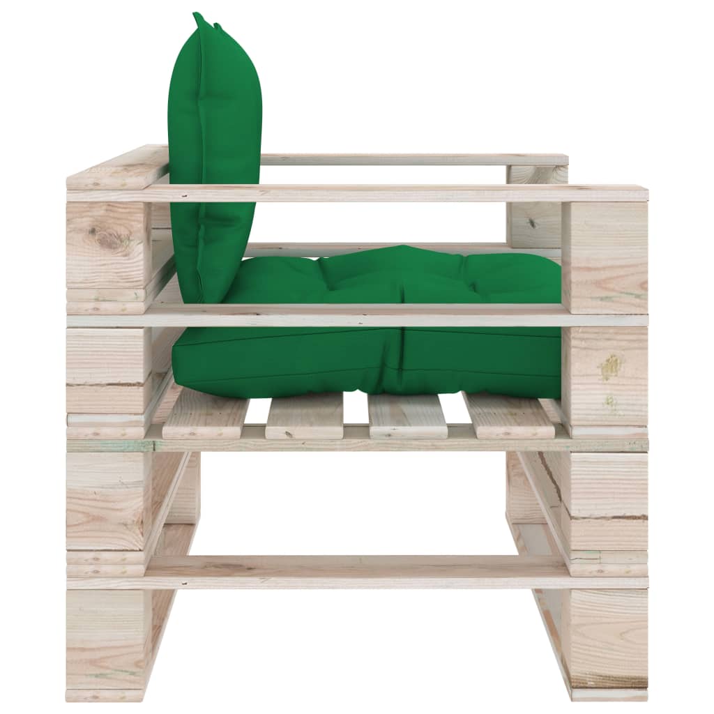 vidaXL Градински палетен фотьойл със зелени възглавници, борово дърво