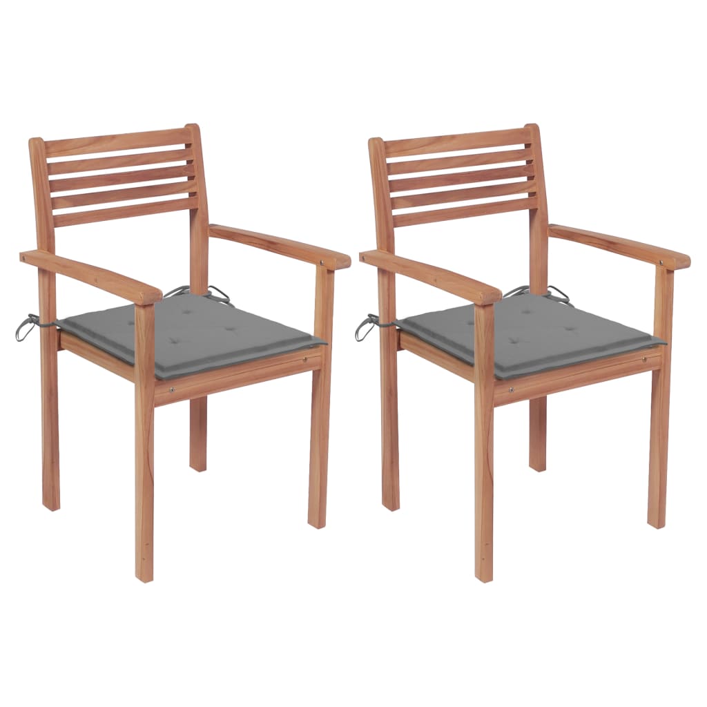 vidaXL Градински столове, 2 бр, сиви възглавници, тиково дърво масив