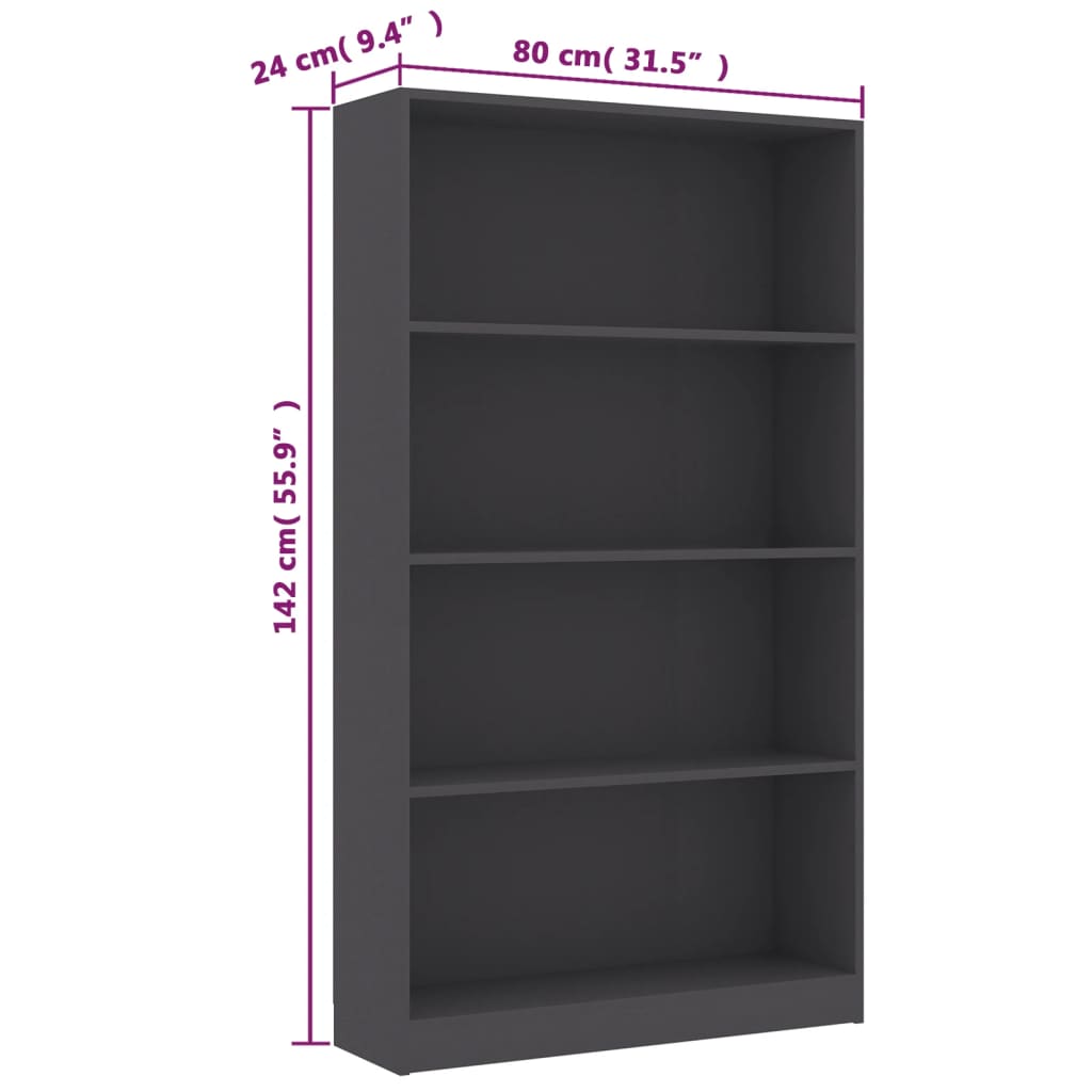 vidaXL 4-етажна библиотека, сива, 80x24x142 см, ПДЧ