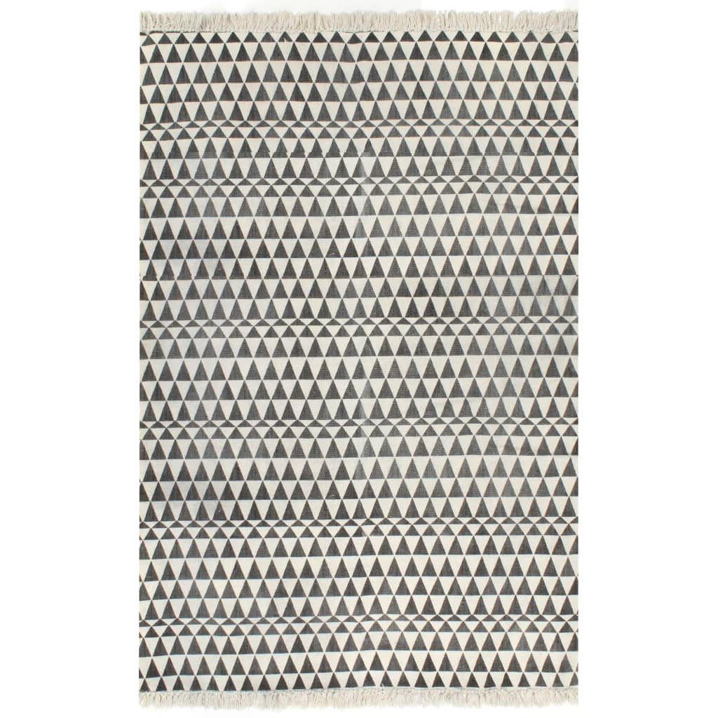 vidaXL Килим тип черга, памук, 160x230 см, с шарки, черен/бял