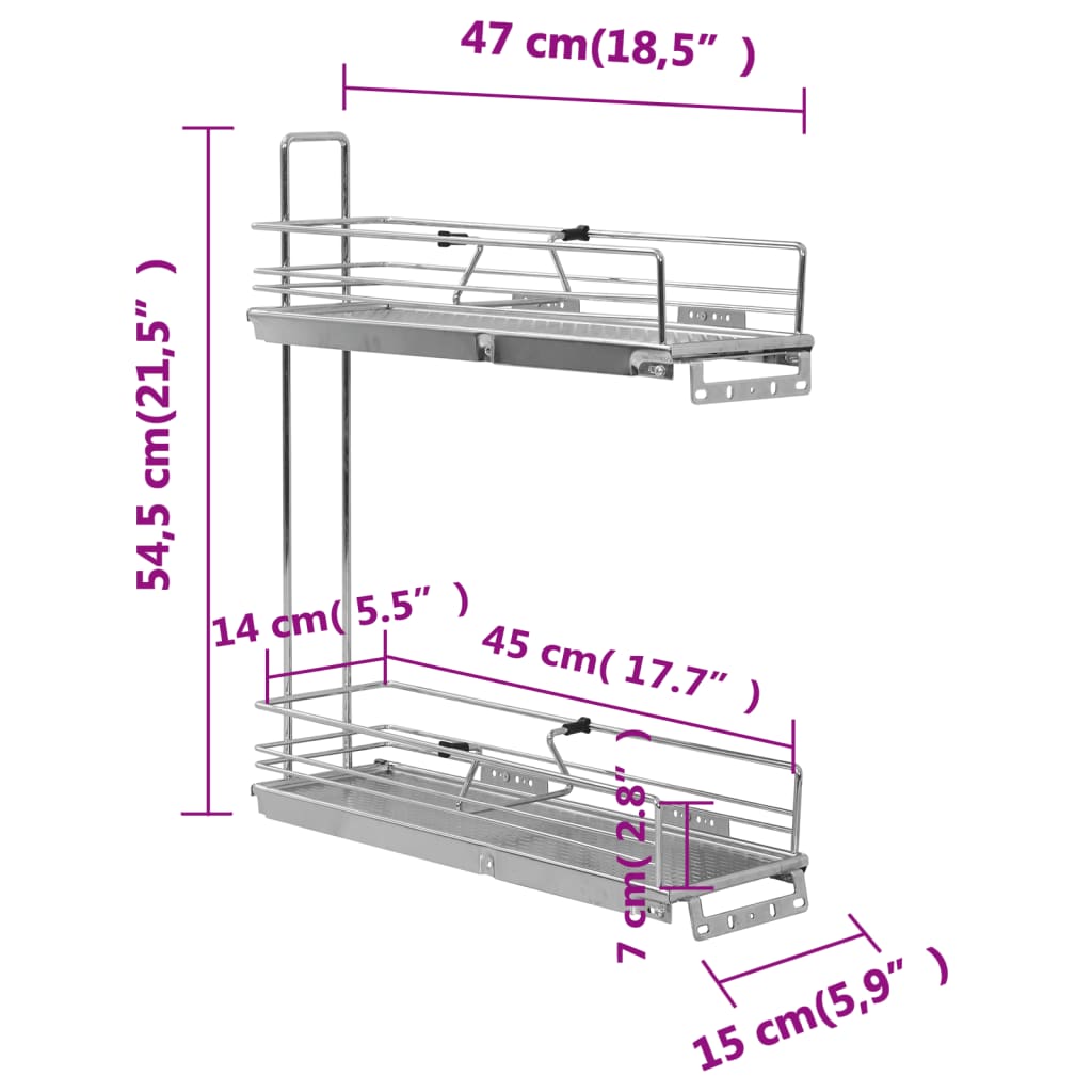 vidaXL 2-етажна издърпваща се кошница за кухня сребриста 47x15x54,5 см