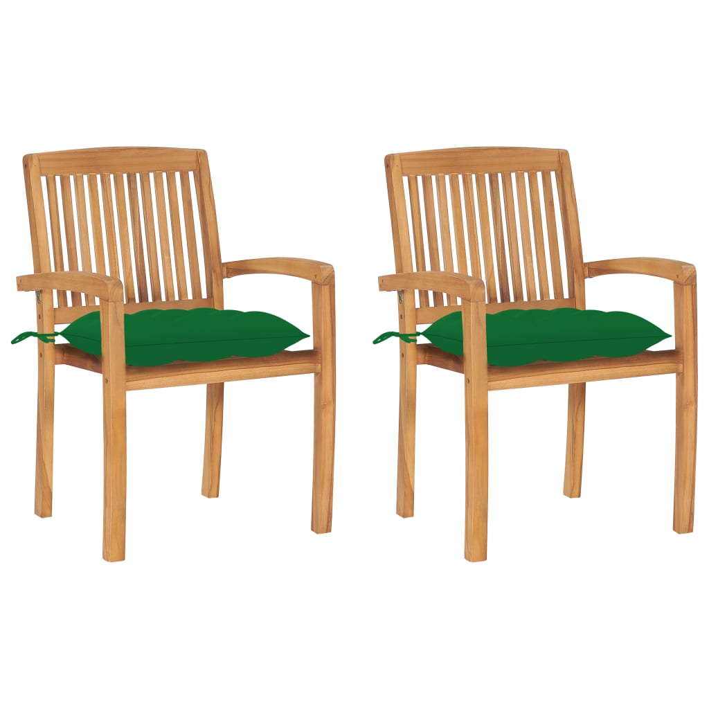 vidaXL Градински столове, 2 бр, зелени възглавници, тиково дърво масив
