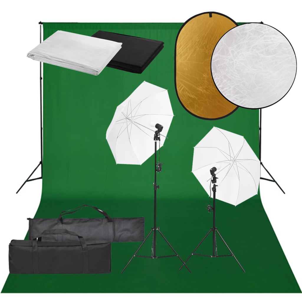 vidaXL Фотографски комплект за студио, комплект лампи, фон и рефлектор
