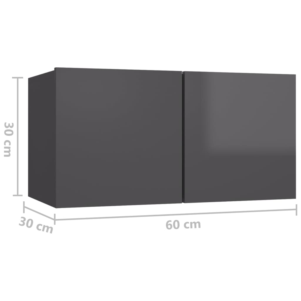 vidaXL Окачени TВ шкафове, 3 бр, сив гланц, 60x30x30 см