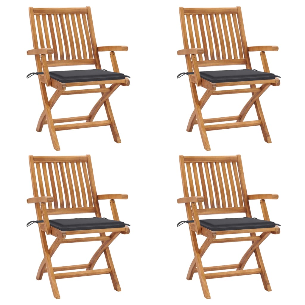 vidaXL Сгъваеми градински столове с възглавници, 4 бр, тик масив