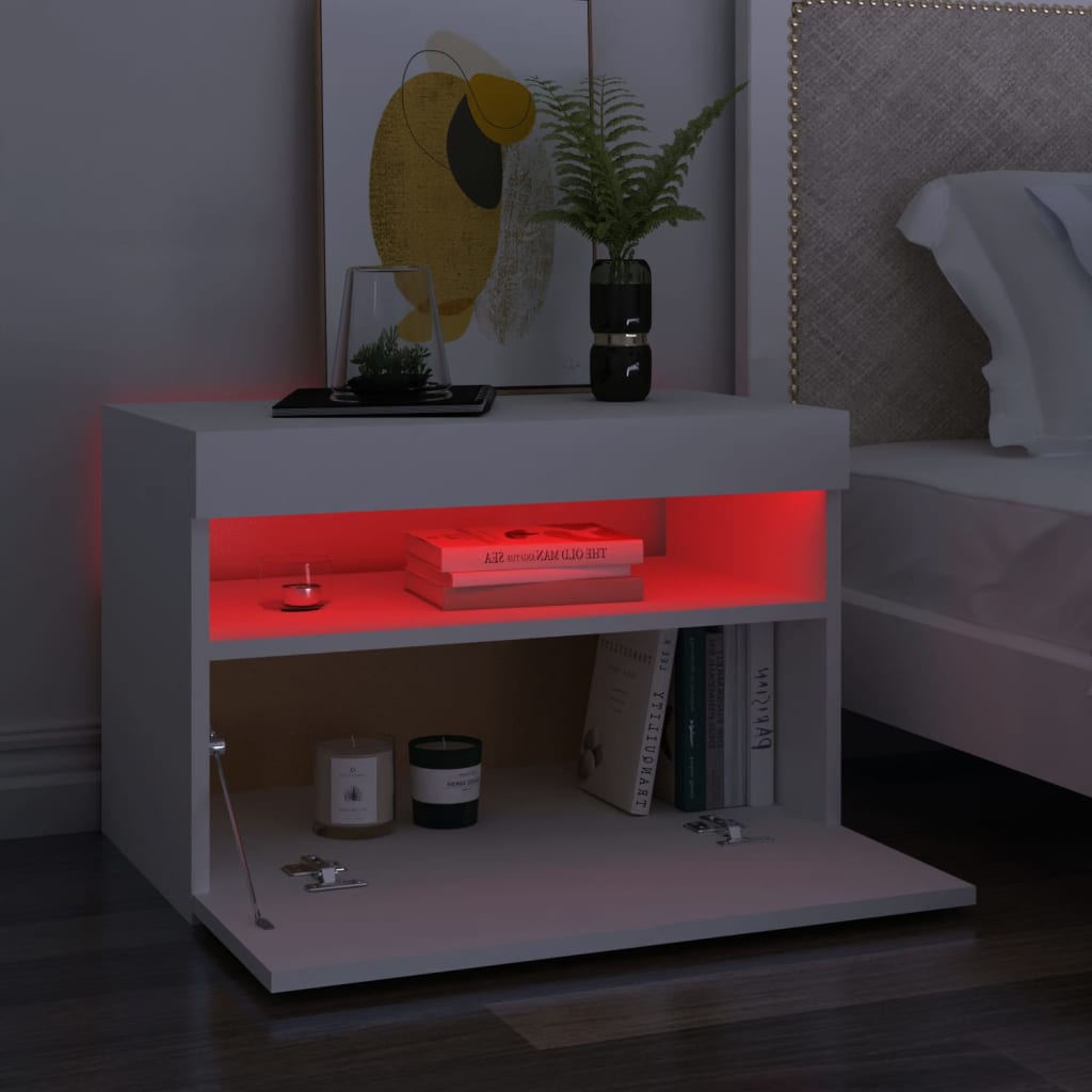 vidaXL Нощно шкафче с LED осветление бяло 60x35x40 см инженерно дърво
