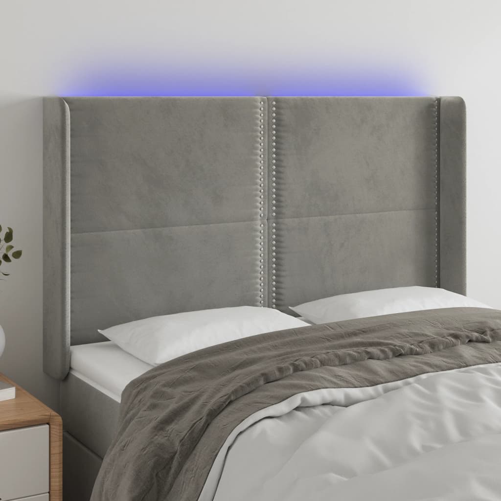 vidaXL LED горна табла за легло, светлосива, 147x16x118/128 см, кадифе
