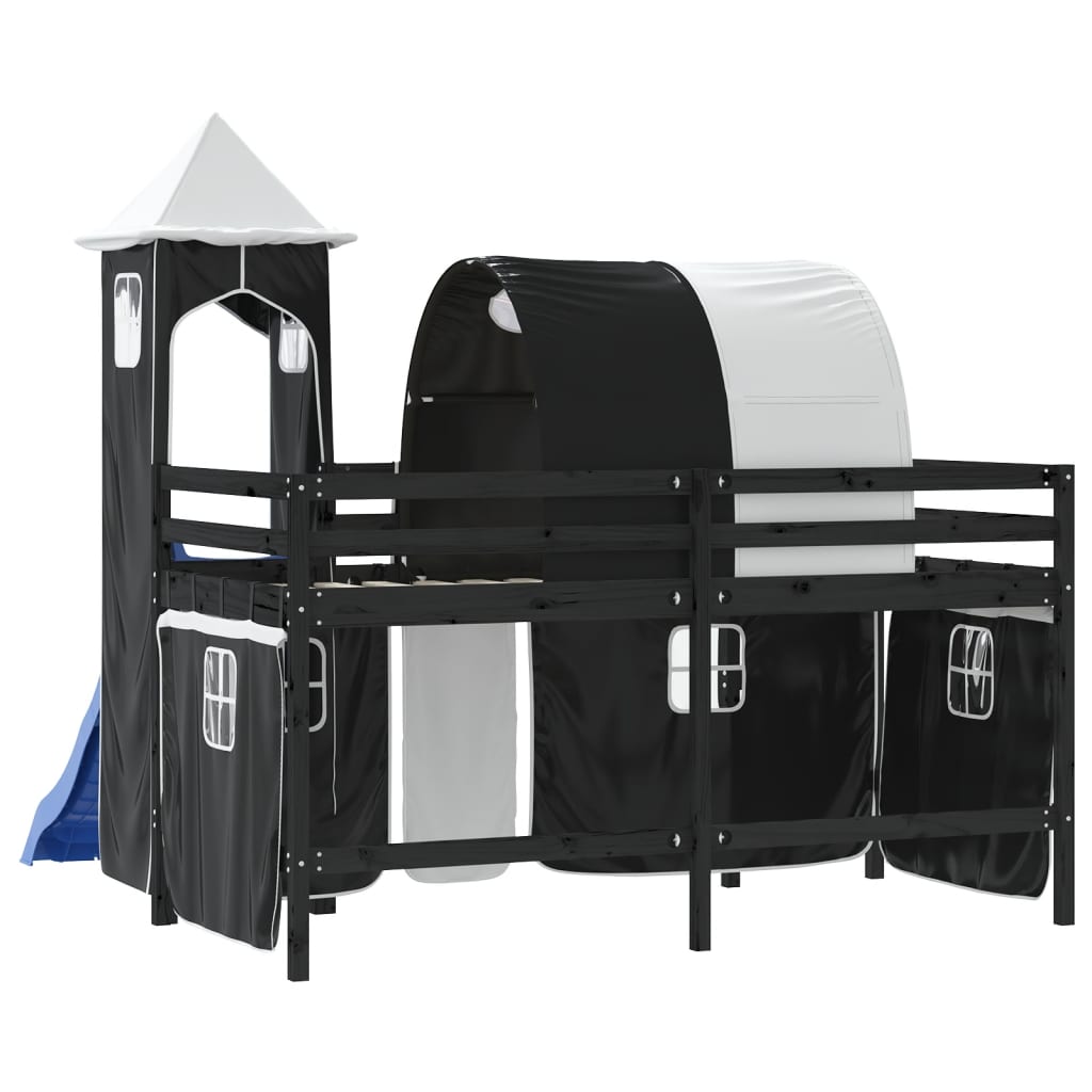 vidaXL Детско високо легло с кула, бяло и черно, 80x200 см, бор масив