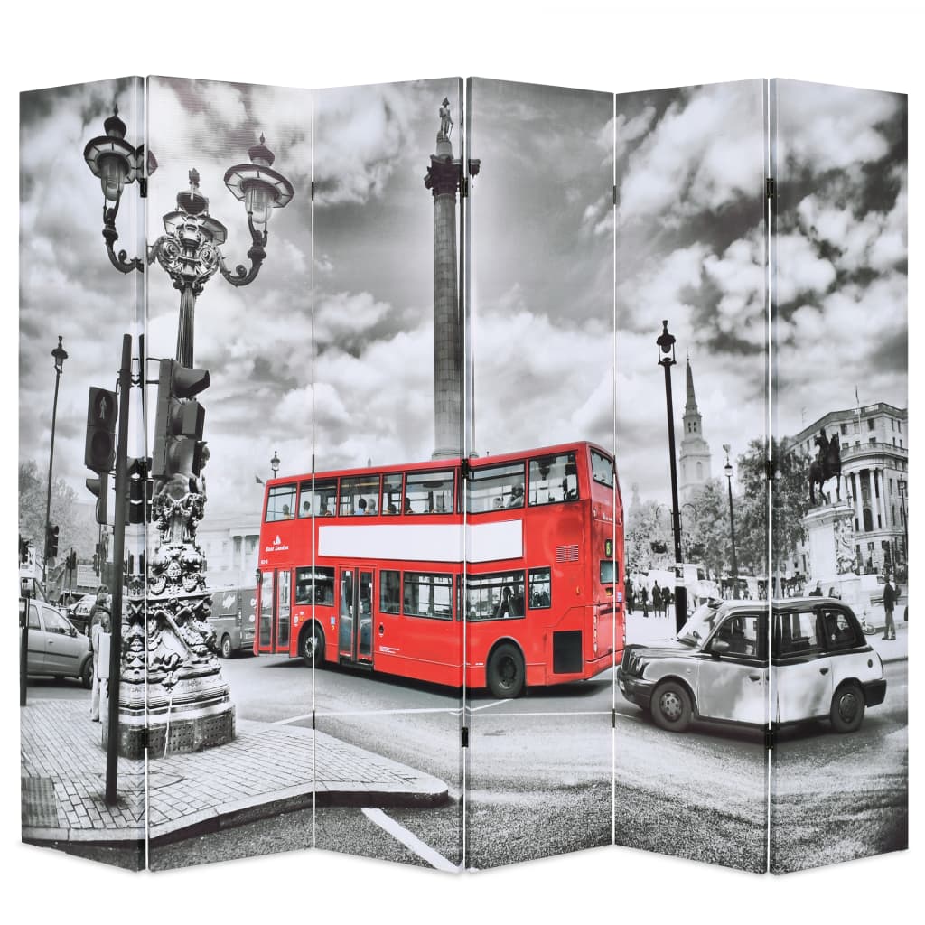 vidaXL Сгъваем параван за стая, 228x170 см, автобус Лондон, черно-бял