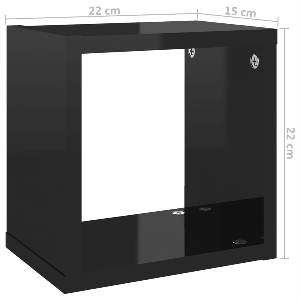 vidaXL Стенни кубични рафтове, 4 бр, черен гланц, 22x15x22 см