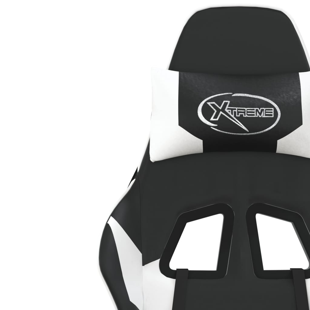 vidaXL Масажен гейминг стол с опора за крака черно-бял изкуствена кожа