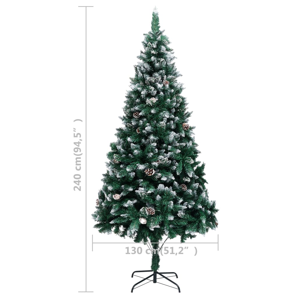 vidaXL Изкуствено коледно дърво с шишарки и бял сняг, 240 см