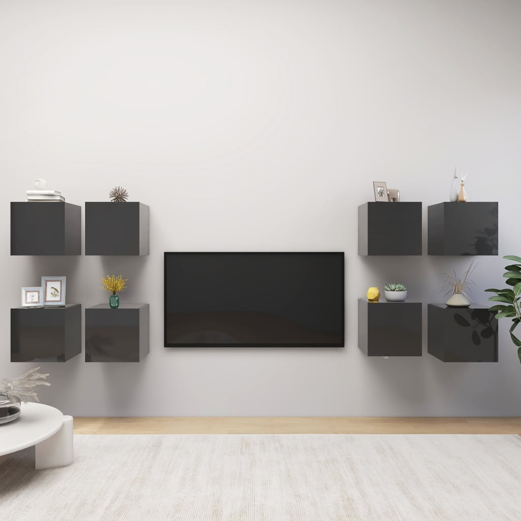 vidaXL ТВ шкафове за стенен монтаж, 8 бр, сив гланц, 30,5x30x30 см