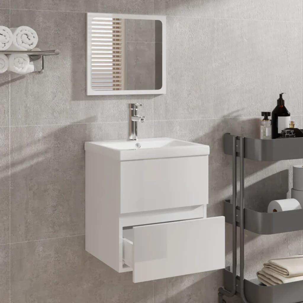 vidaXL Шкаф за баня с огледало, бял гланц, инженерно дърво