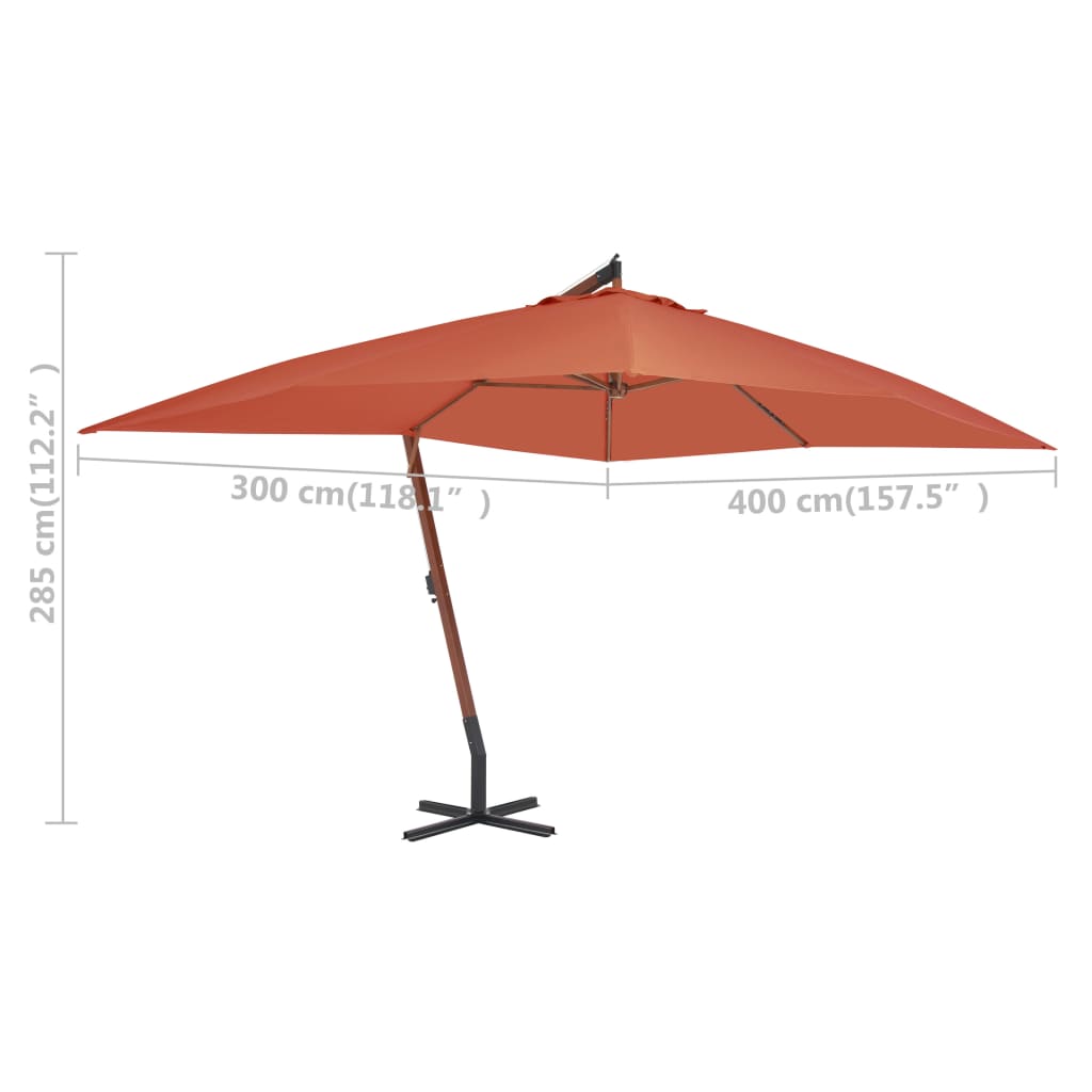 vidaXL Градински чадър чупещо рамо и дървен прът 400x300 см теракота