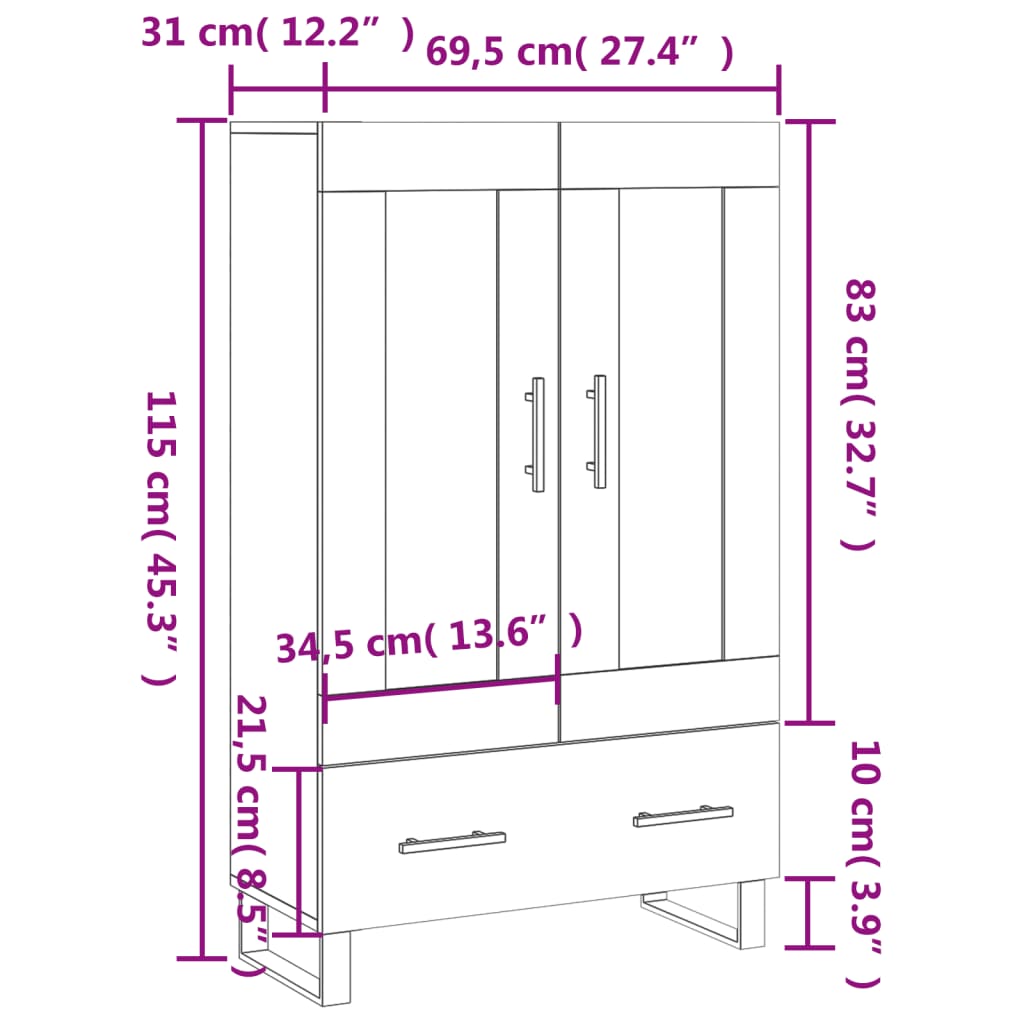 vidaXL Висок шкаф, бял гланц, 69,5x31x115 см, инженерно дърво