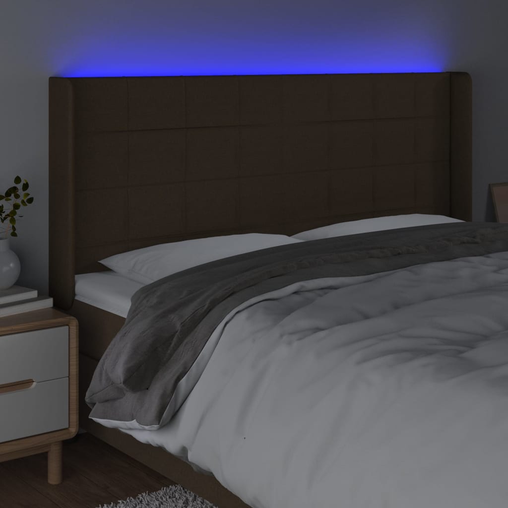vidaXL LED горна табла за легло, тъмнокафява,183x16x118/128 см, плат