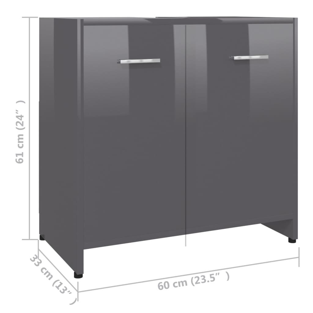 vidaXL Шкаф за баня, сив гланц, 60x33x61 см, ПДЧ