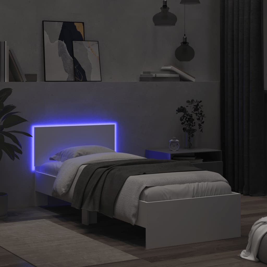 vidaXL Рамка за легло с горна табла и LED осветление, бяла, 75x190 см