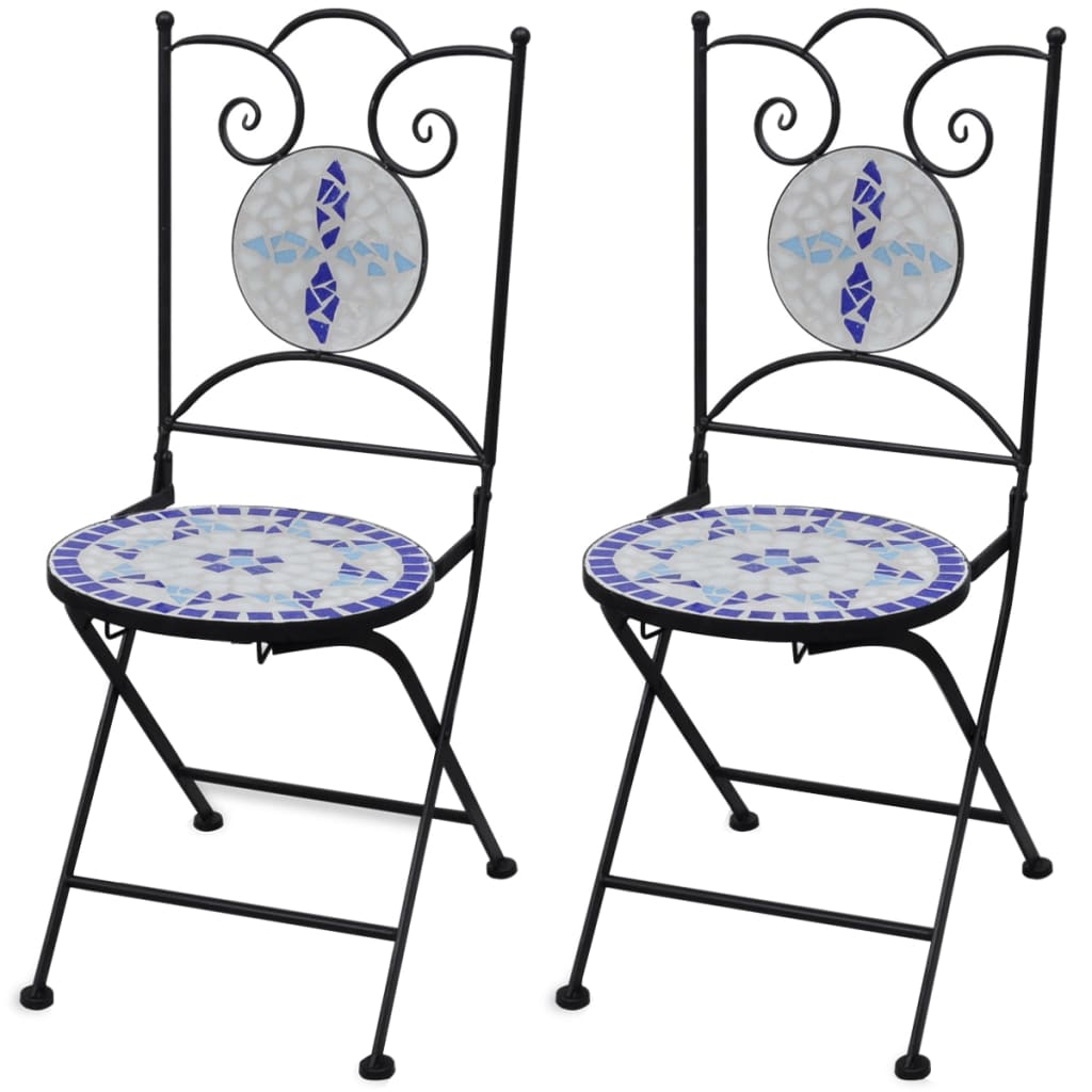vidaXL Сгъваеми бистро столове, 2 бр, мозайка, синьо и бяло