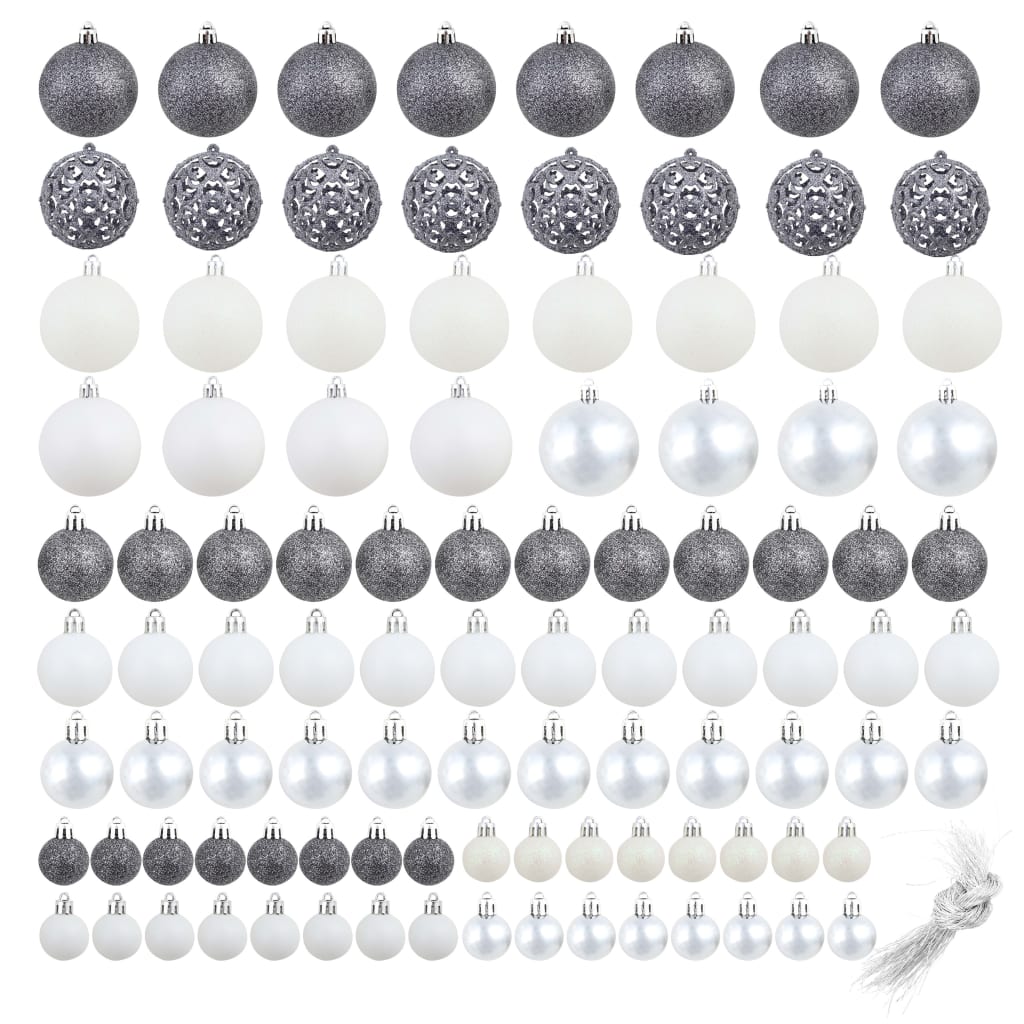 vidaXL Комплект коледни топки от 100 части, 3/4/6 см, бели/сребро