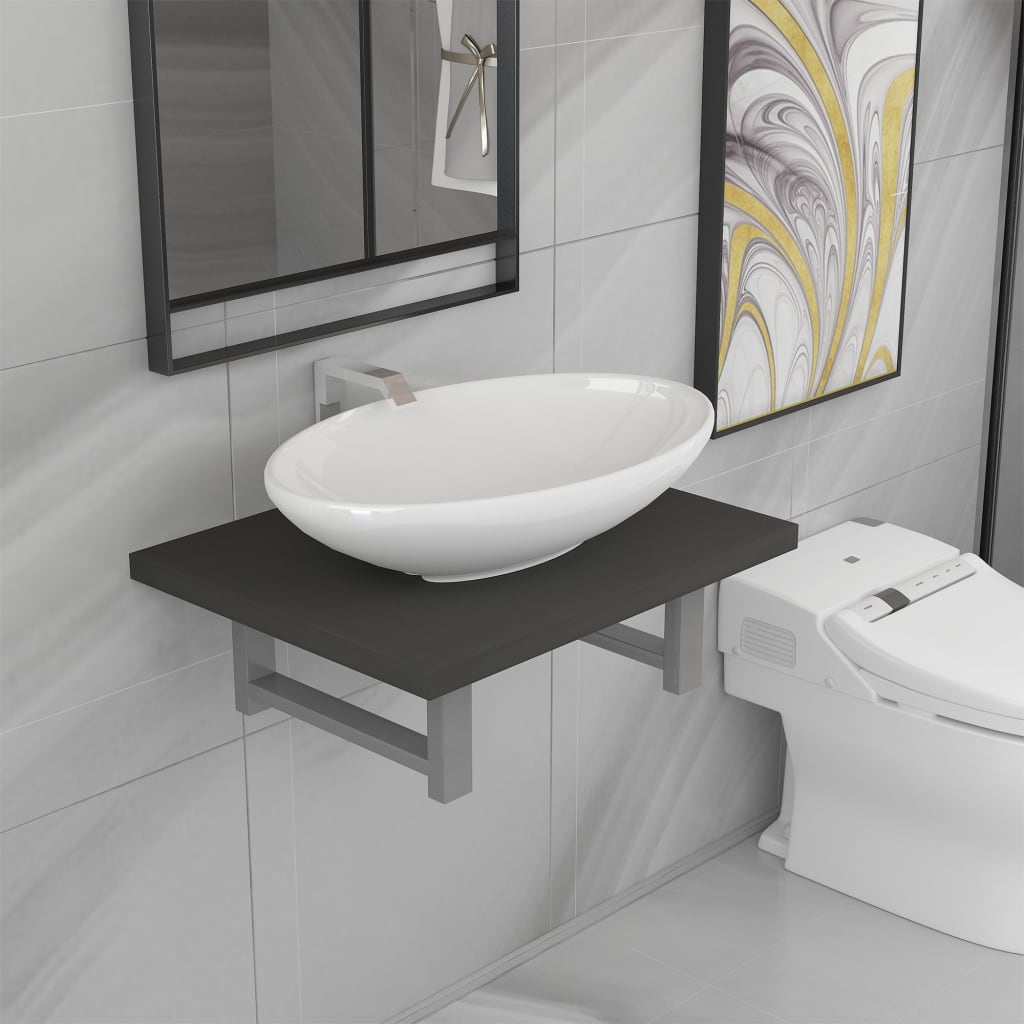 vidaXL Комплект мебели за баня от две части, керамика, сив