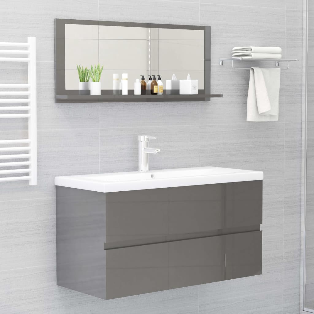 vidaXL Огледало за баня, сив гланц, 90x10,5x37 см, ПДЧ
