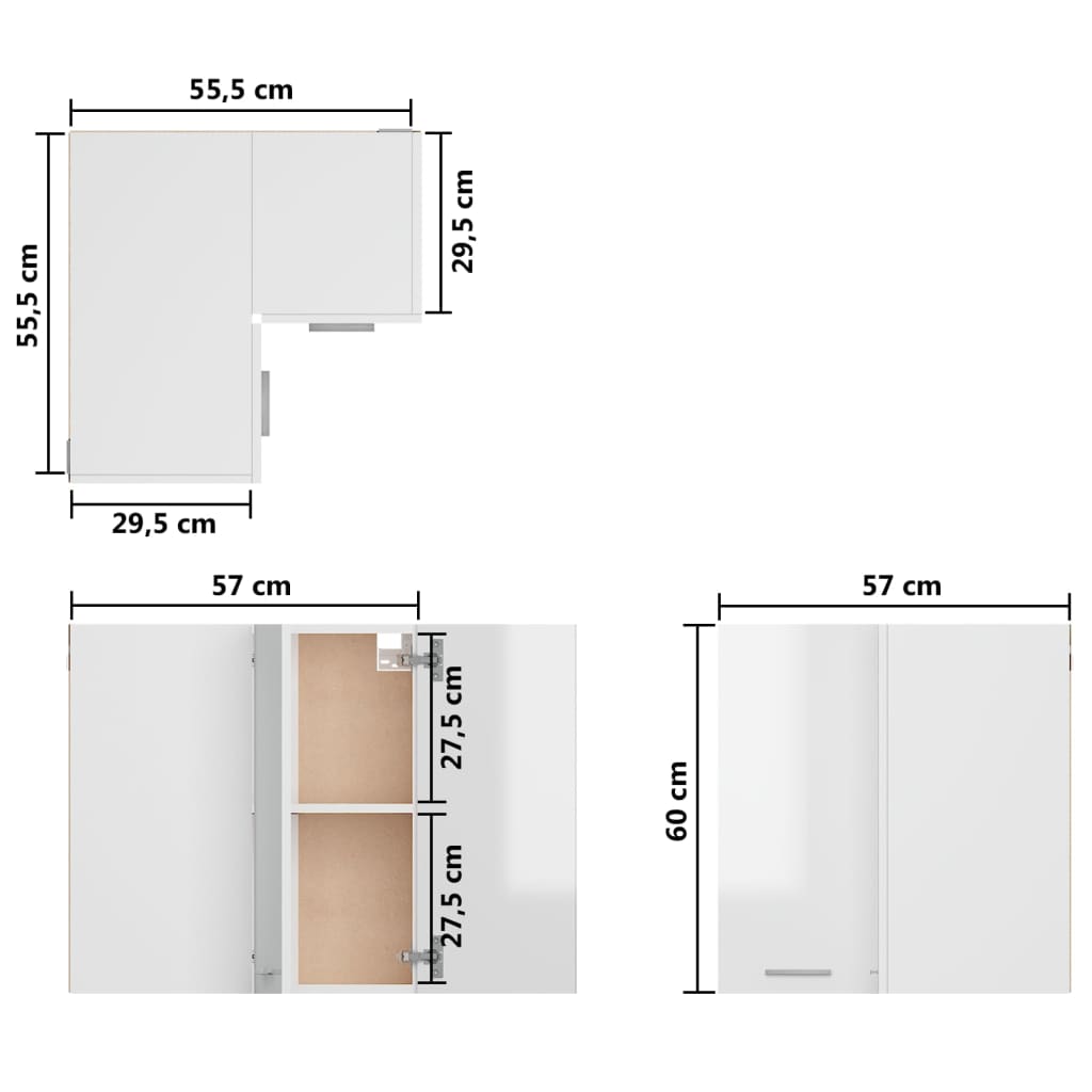 vidaXL Висящ ъглов шкаф, бял гланц, 57x57x60 см, ПДЧ