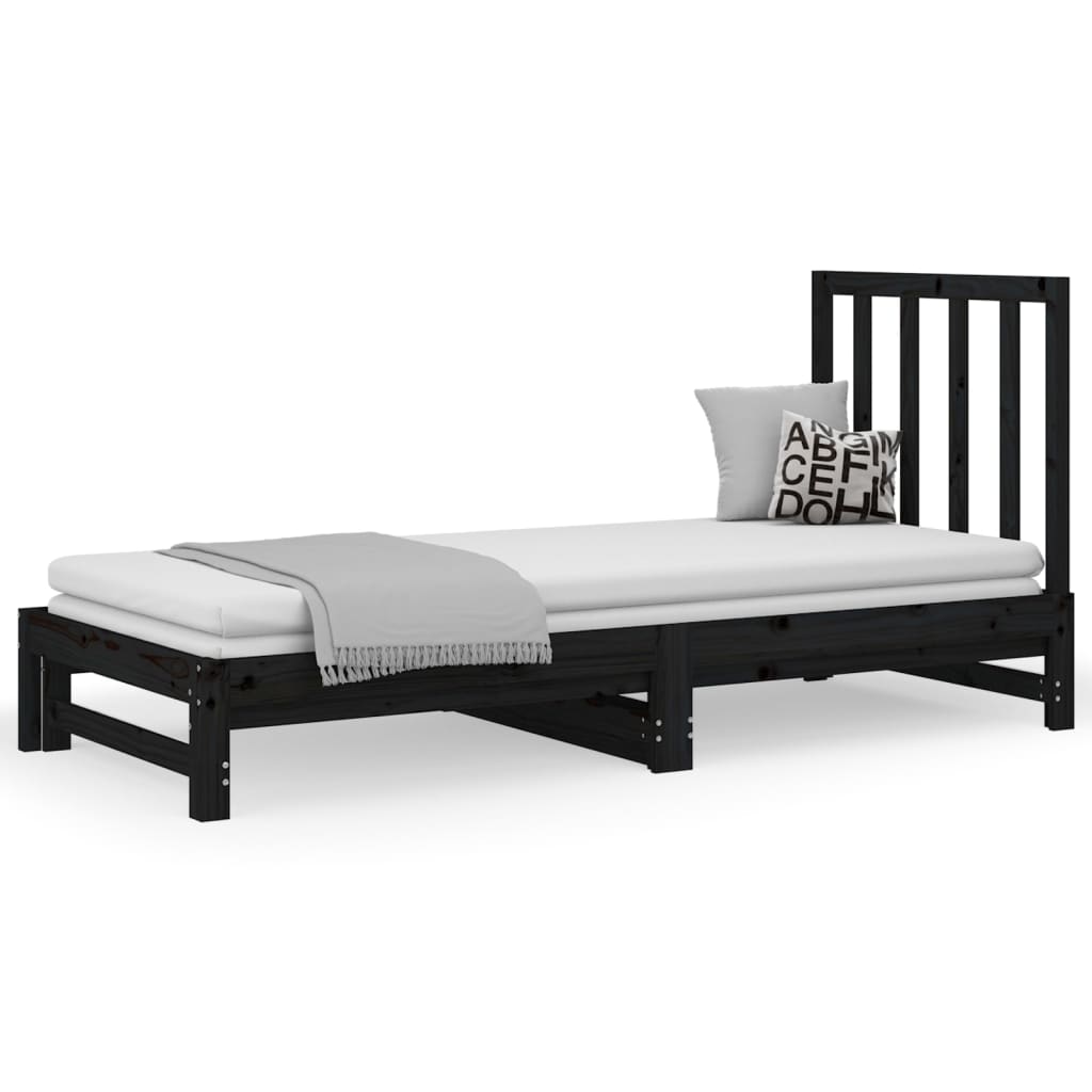 vidaXL Разтегателно дневно легло, черно, 2x(90x190) см, бор масив