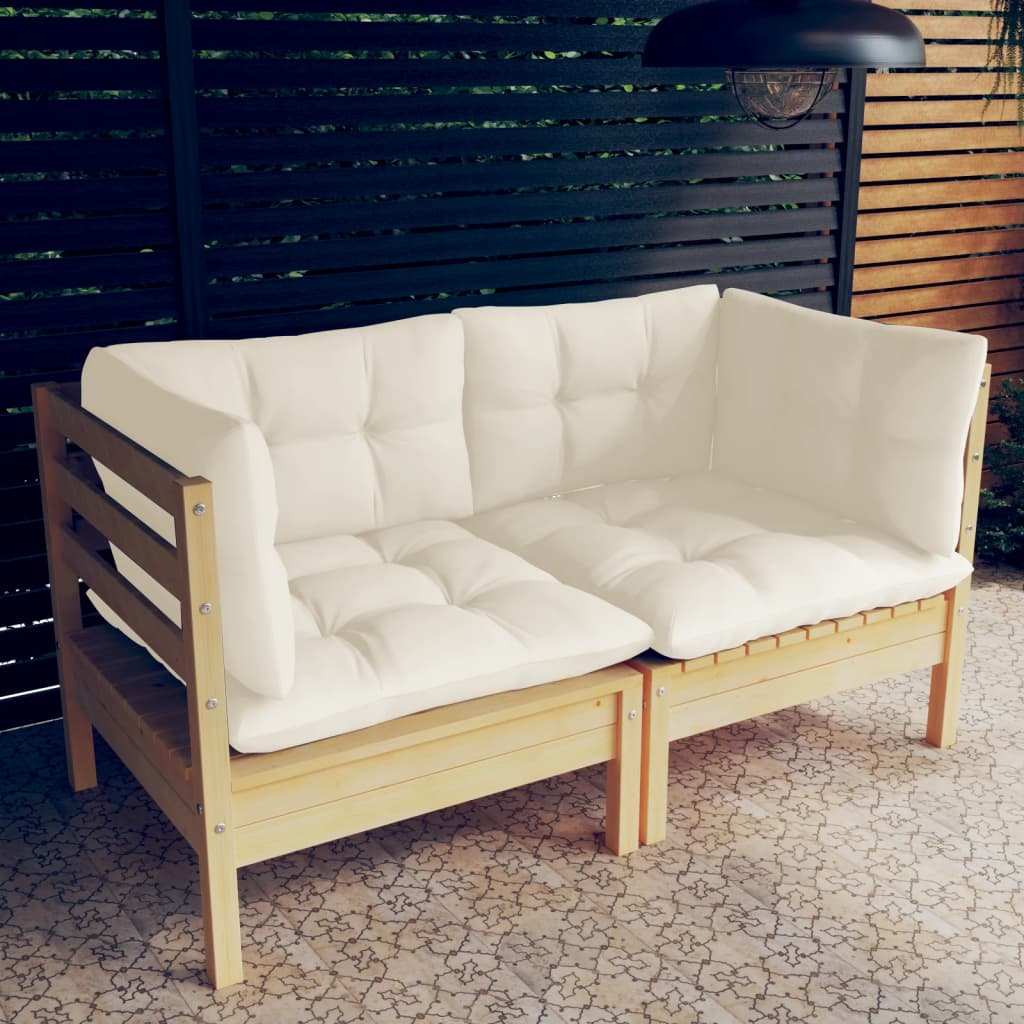 vidaXL 2-местен градински диван с кремави възглавници, бор масив