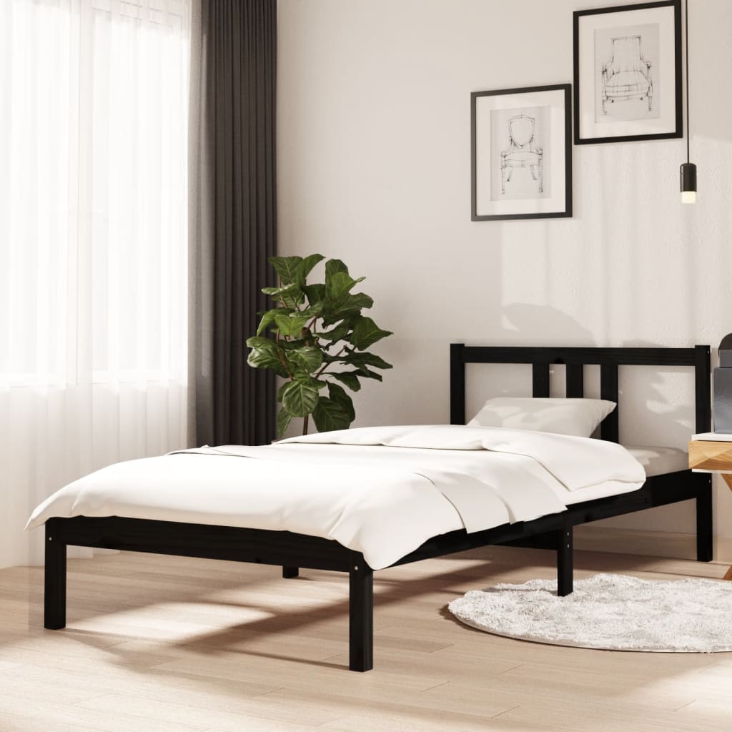 vidaXL Рамка за легло, черна, масивно дърво, 90х200 см