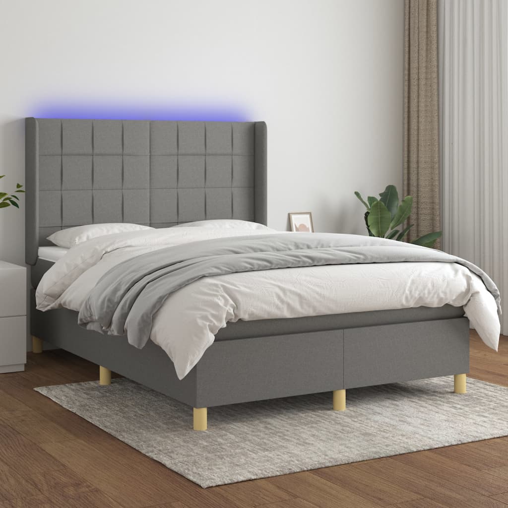 vidaXL Боксспринг легло с матрак и LED, тъмносиво, 140x190 см, плат