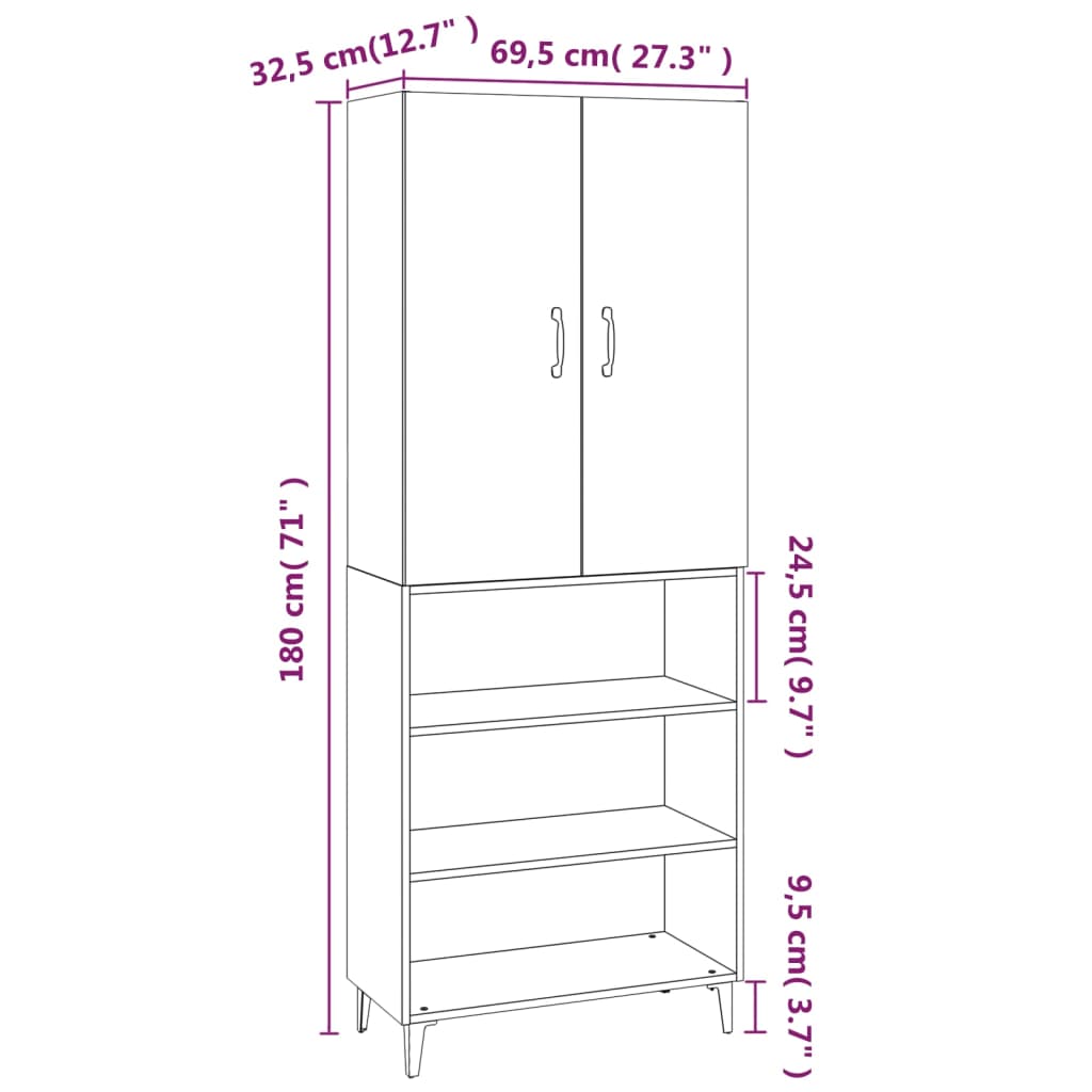 vidaXL Висок шкаф, бял гланц, 69,5x32,5x180 см, инженерно дърво