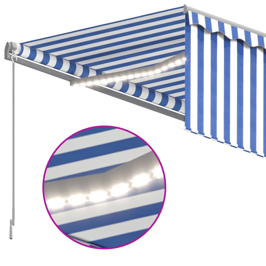vidaXL Ръчно прибиращ се сенник с щора и LED, 4,5x3 м, синьо и бяло