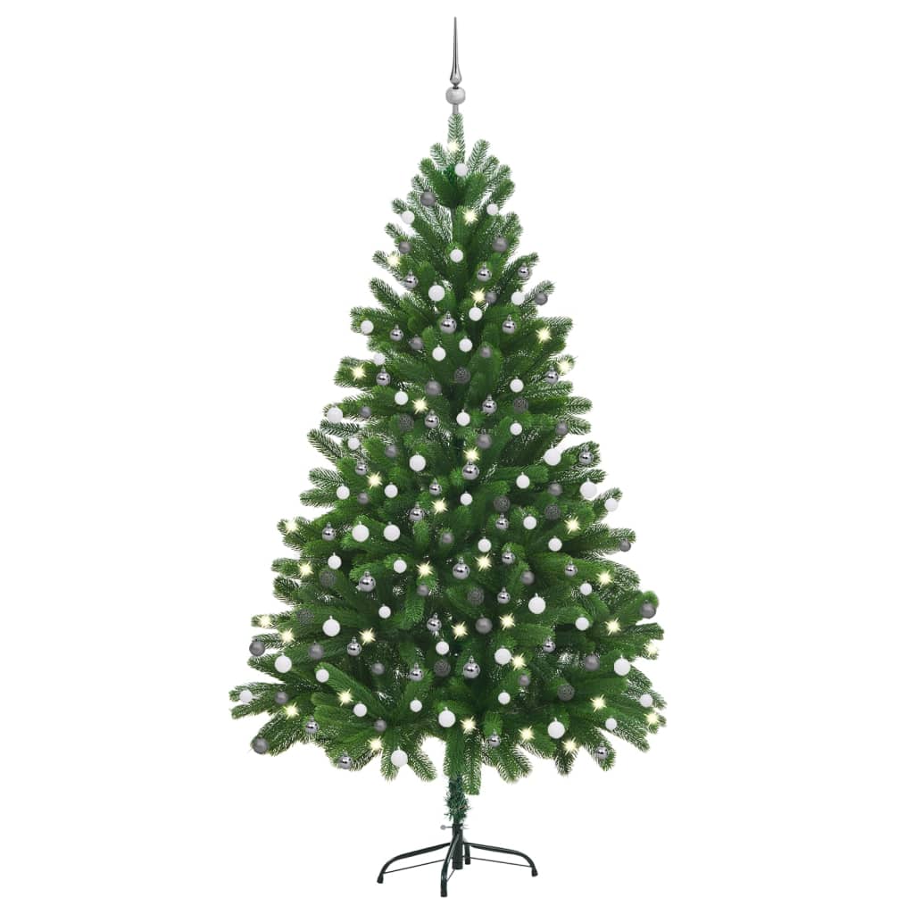 vidaXL Изкуствена осветена коледна елха с топки 210 см зелена
