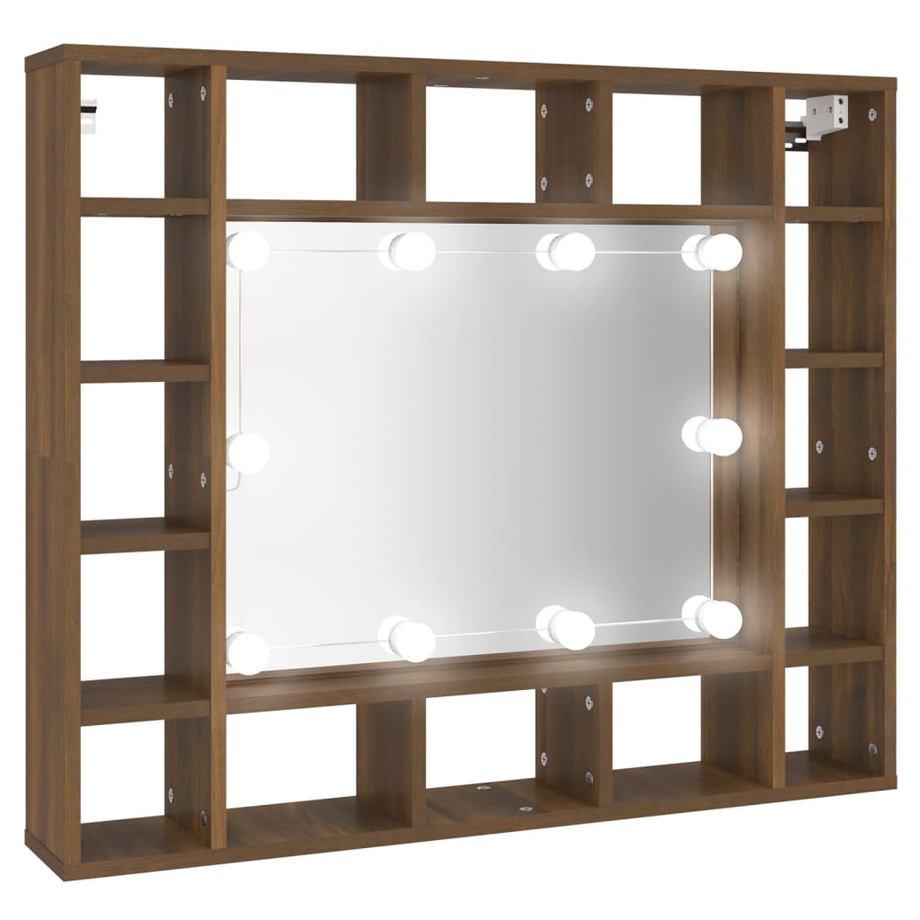 vidaXL Огледален шкаф с LED, кафяв дъб, 91x15x76,5 см