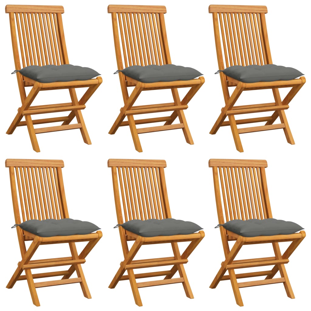 vidaXL Градински столове със сиви възглавници 6 бр тиково дърво масив