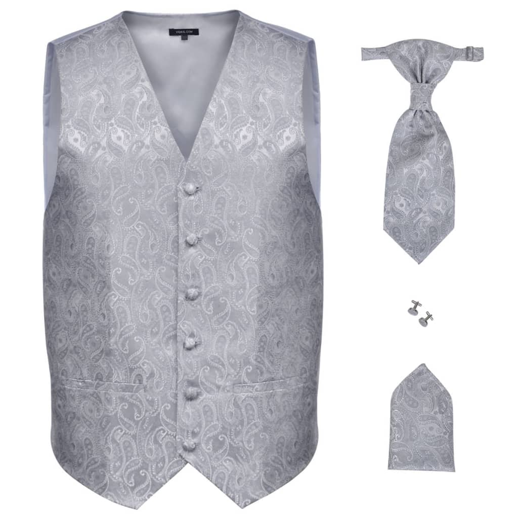 Мъжка жилетка за сватба, комплект, пейсли мотив, размер 50, сребриста