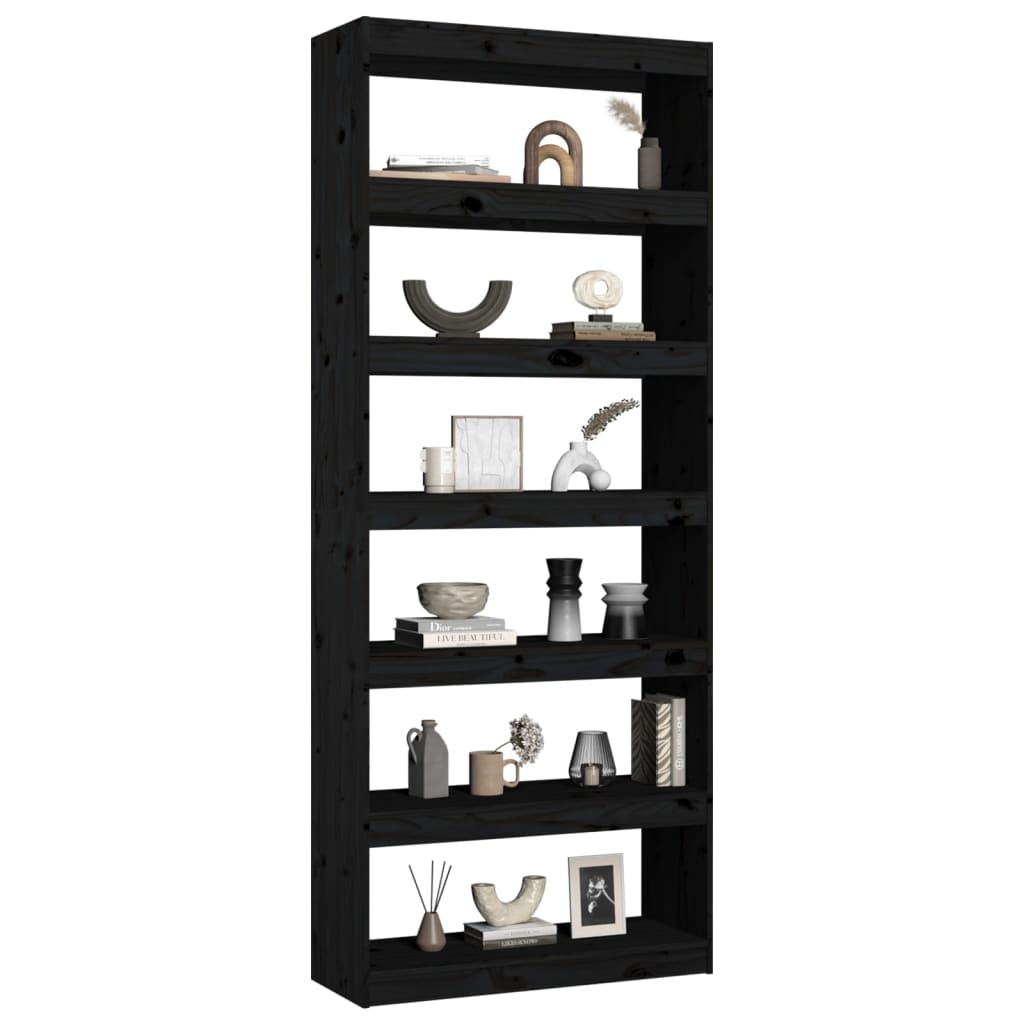 vidaXL Библиотека/разделител за стая, черна, 80x30x199,5 см, бор масив