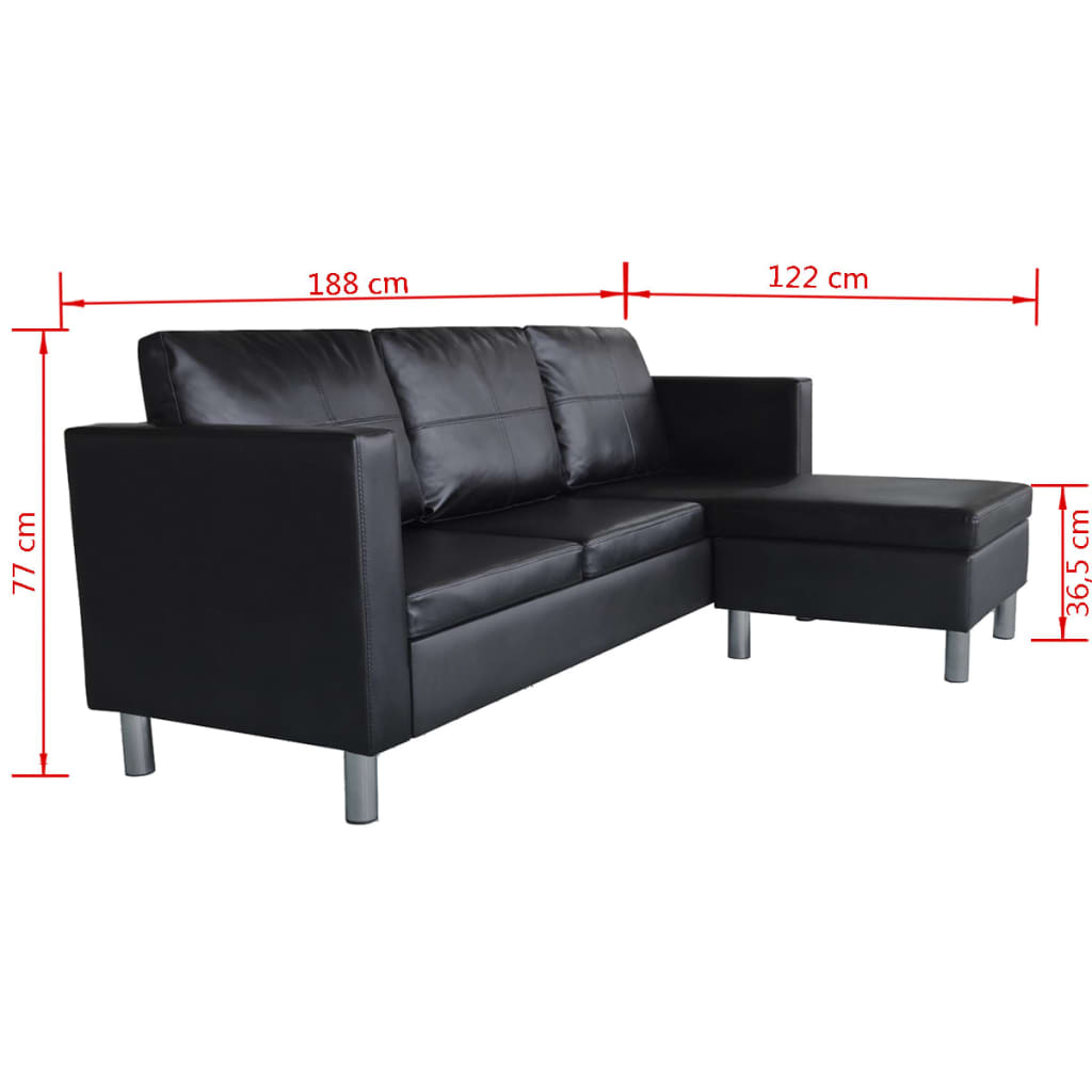 vidaXL Триместен L-образен диван, изкуствена кожа, черен
