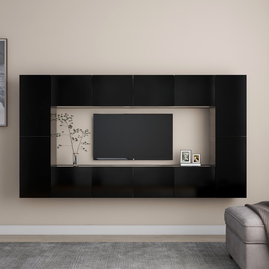 vidaXL Комплект ТВ шкафове от 8 части, черен, ПДЧ