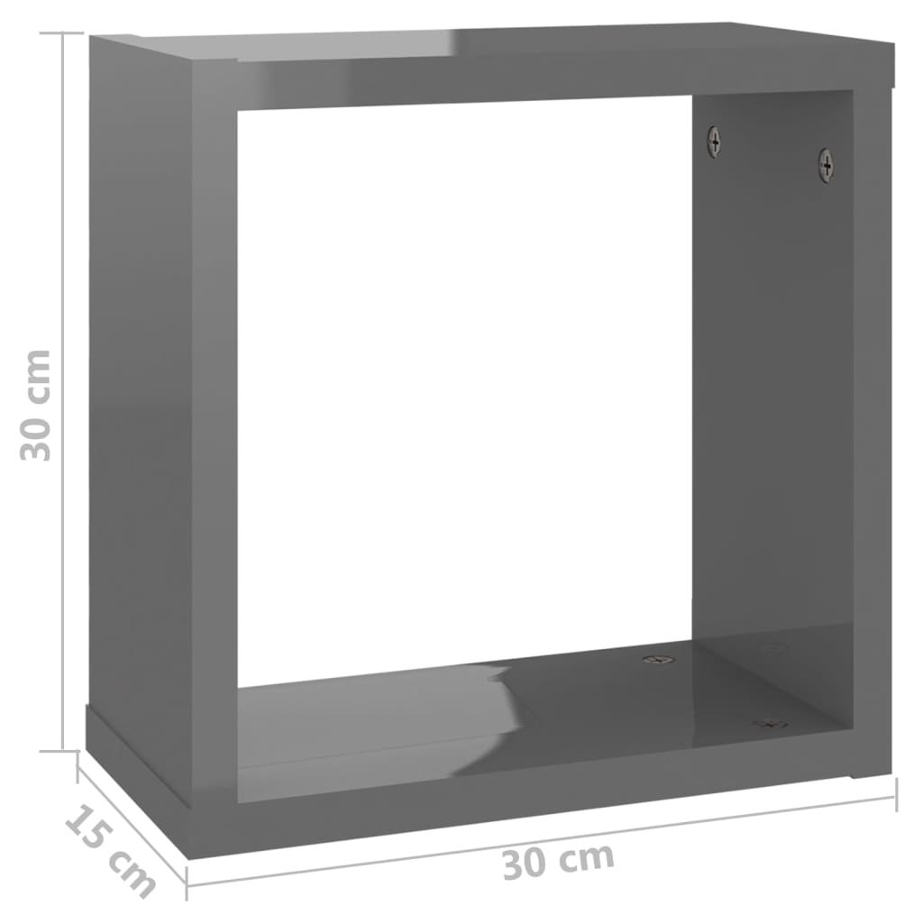 vidaXL Стенни кубични рафтове, 6 бр, сив гланц, 30x15x30 см