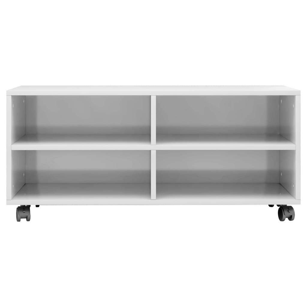 vidaXL ТВ шкаф с колелца, бяло със силен гланц, 90x35x35 см, ПДЧ