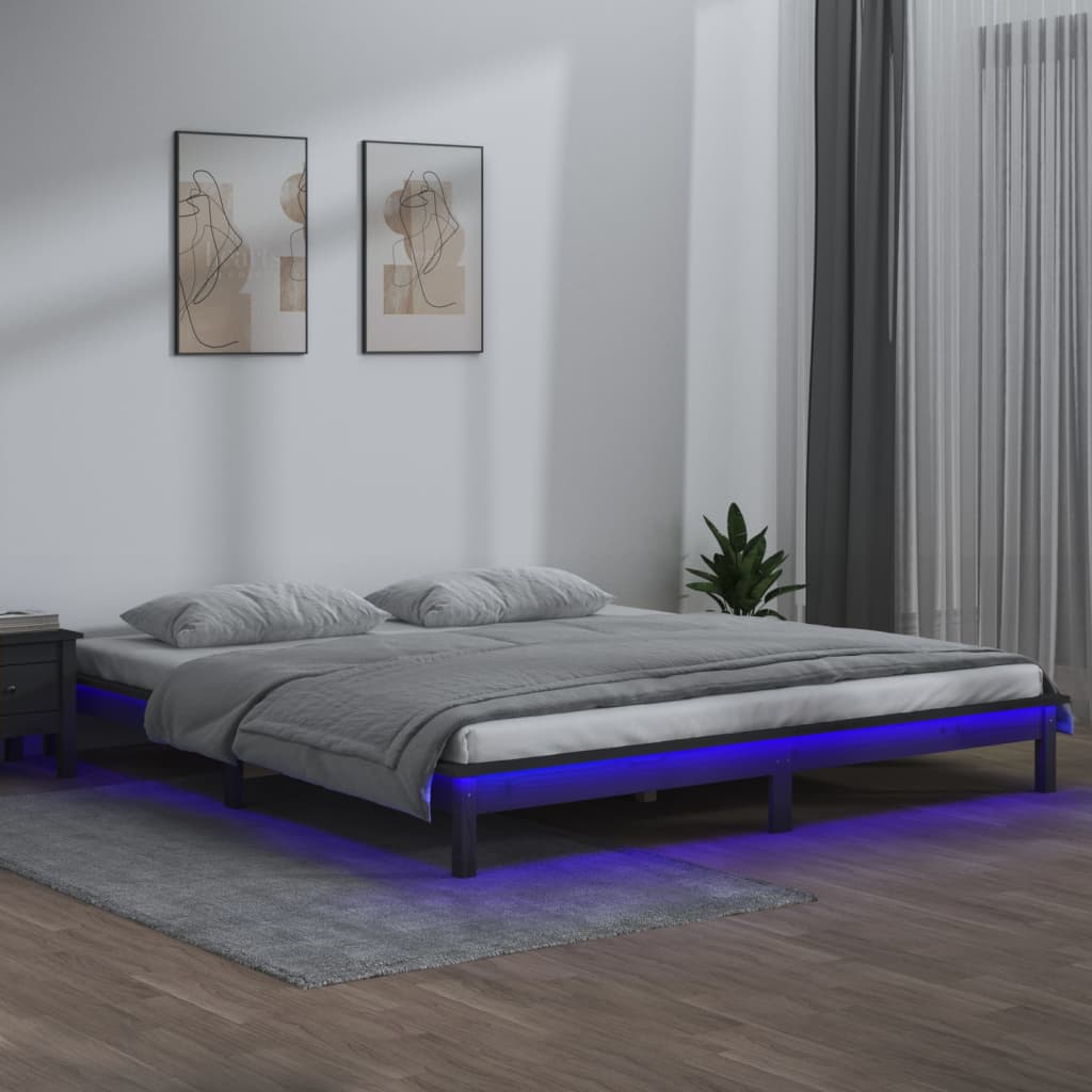 vidaXL LED рамка за легло сива 140x190 см масивно дърво