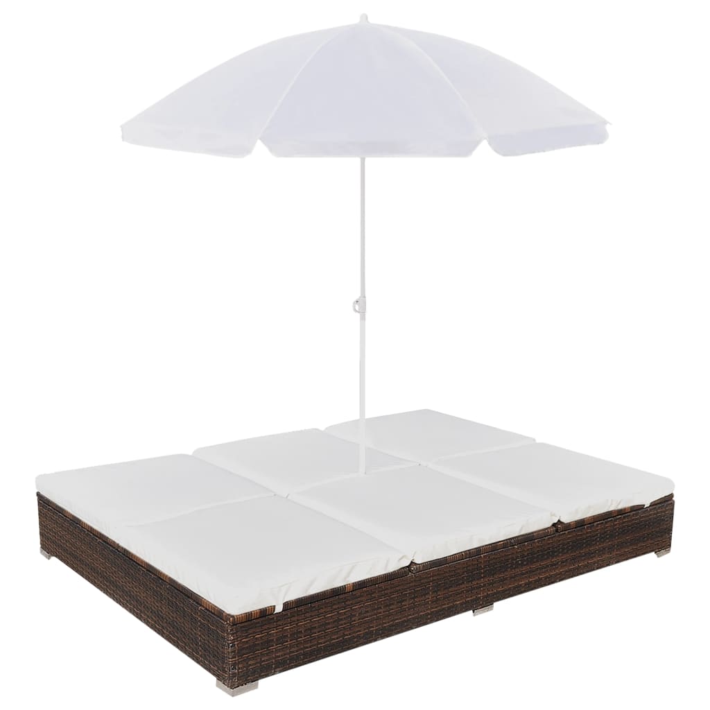 vidaXL Градинско лаундж легло с чадър, полиратан, кафяво