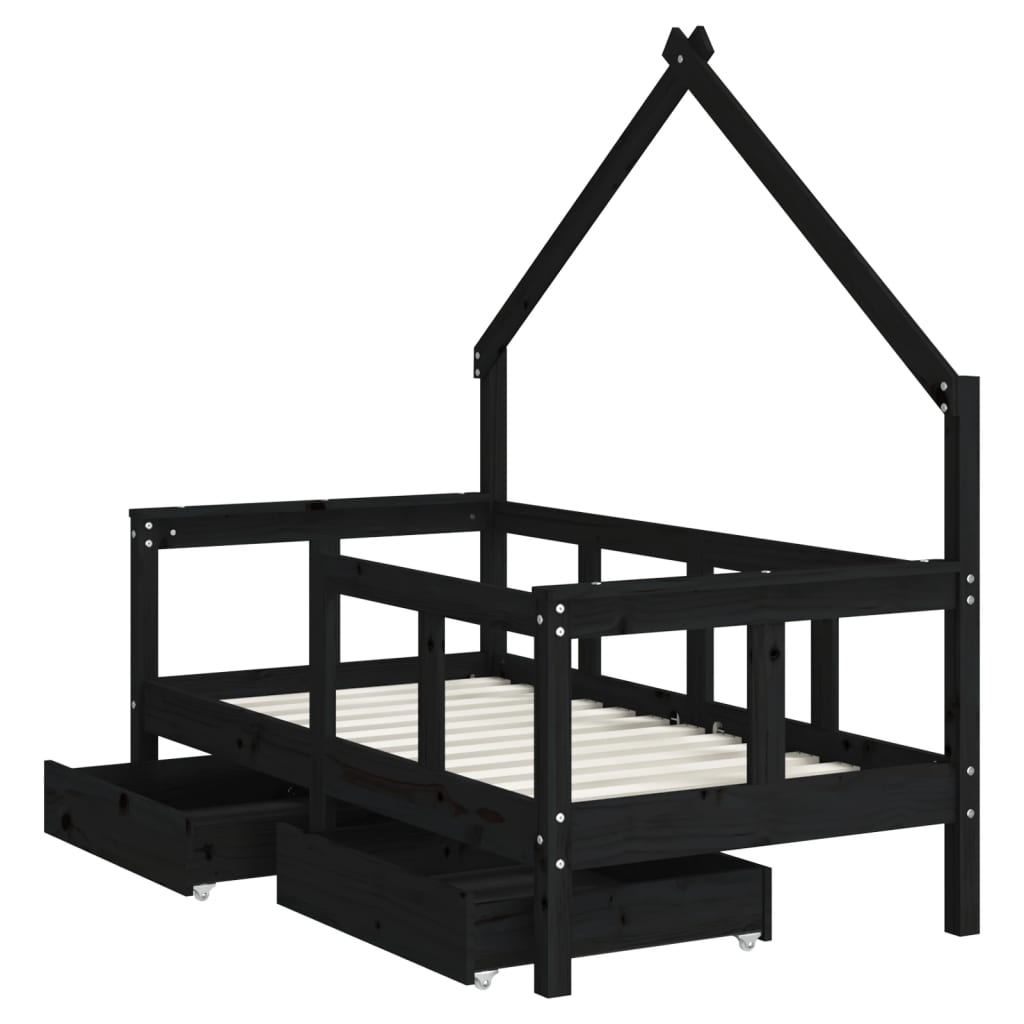vidaXL Рамка за детско легло с чекмеджета, черна, 70x140 см, бор масив